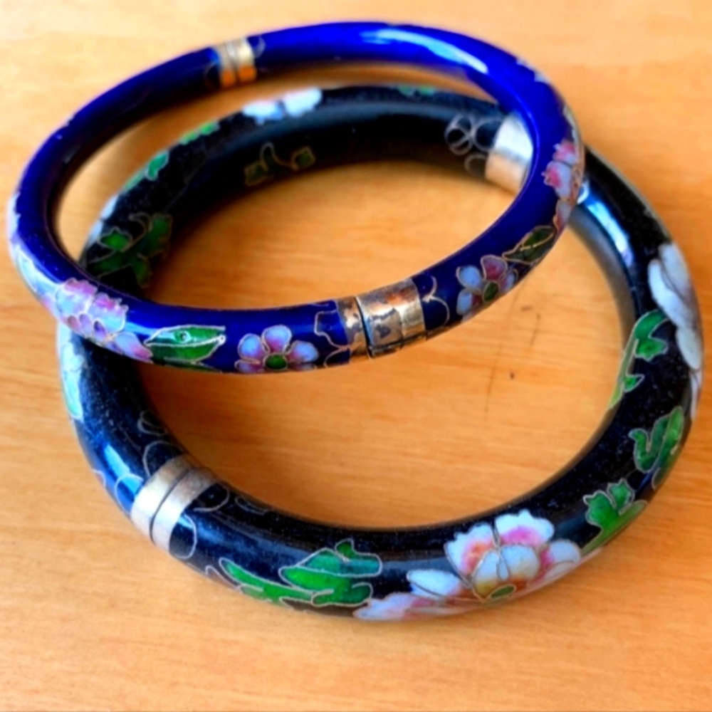 Vintage Oriental Floral Multicolor Cloisonné Enamel Round Bangle Bracelets